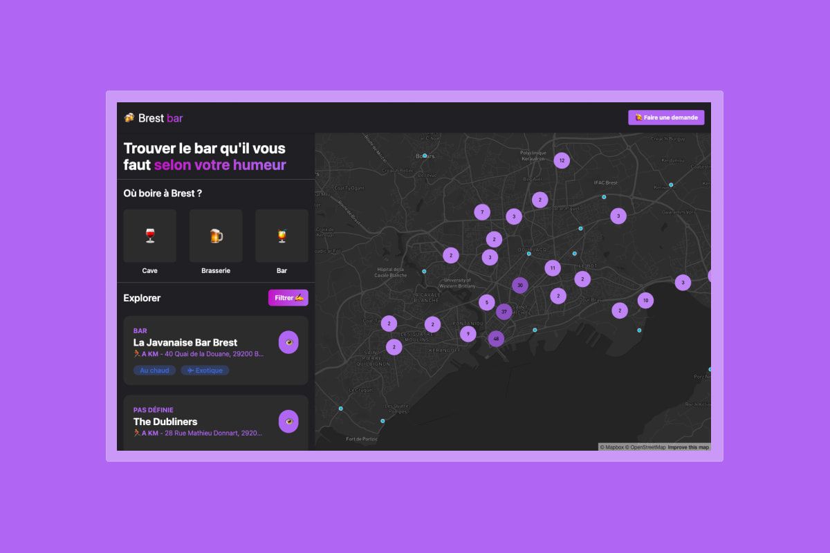  Favoriser la recherche et la découverte de bars brestois en fonction de critères spécifiques.